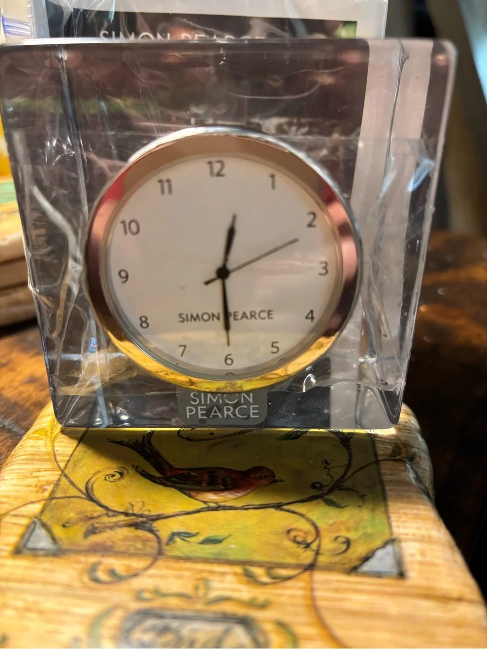 Simon Pearce Woodbury Heavy Crystal Desk Clock Cube Gold Bezel  etched Signed